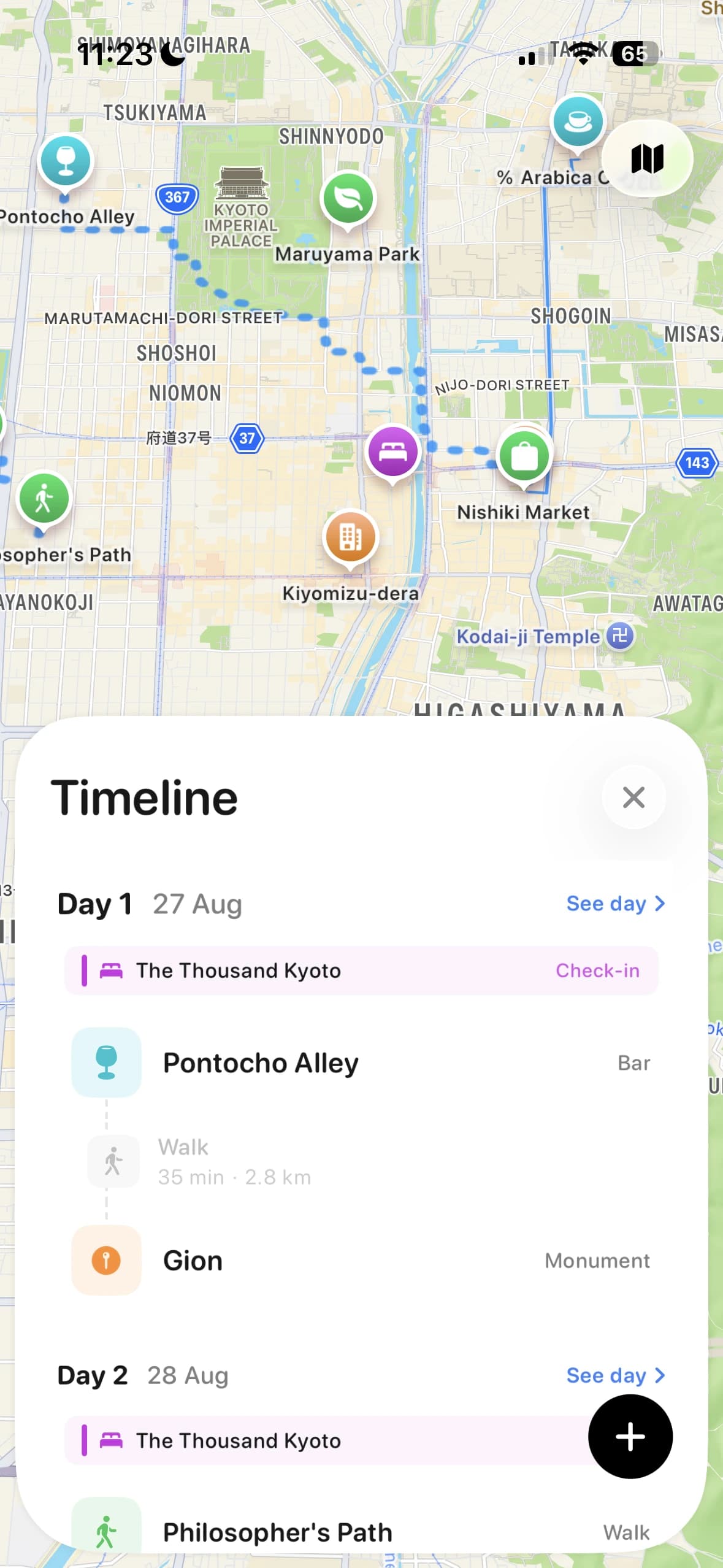 Kyoto itinerary with a hotel check-in, Pontocho Alley, a walk to Gion, and the route on the map.