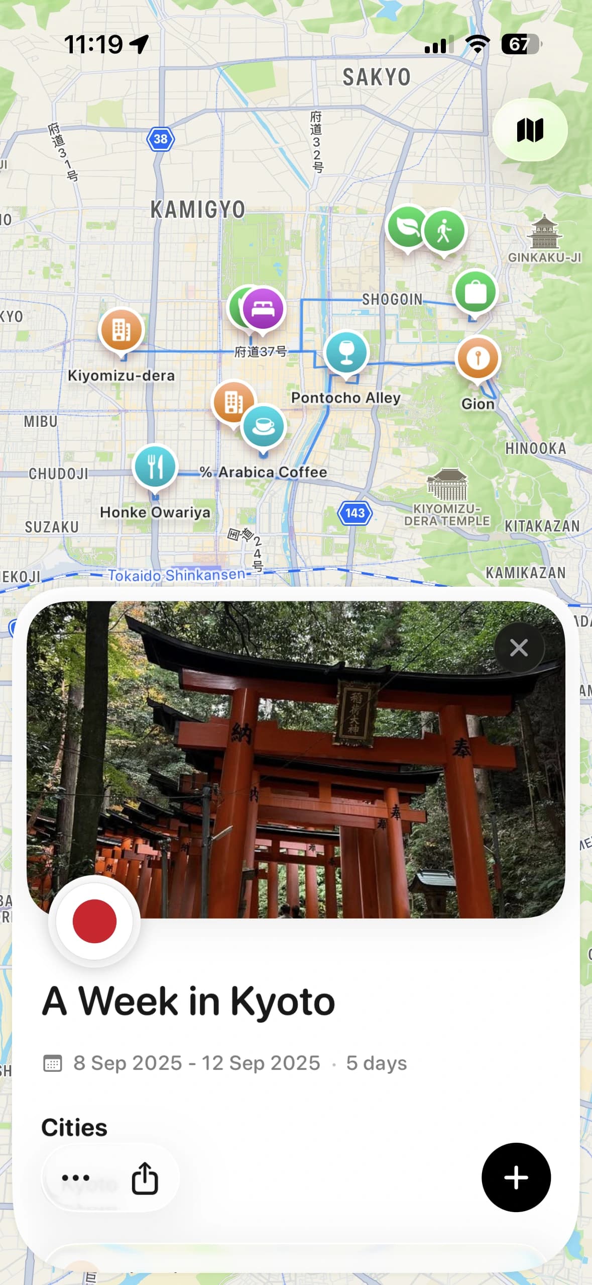 Example trip in Voyy: A Week in Kyoto, with saved places on the map and a cover showing Fushimi Inari’s torii gates.